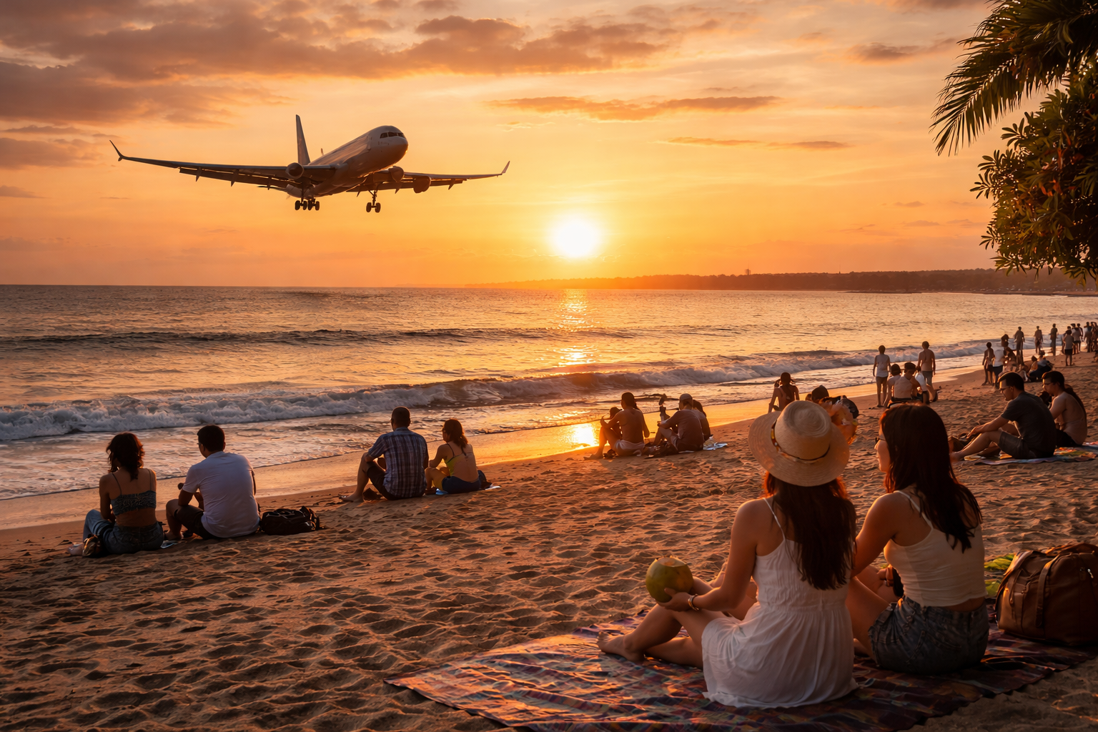 Menikmati Sunset di Pantai Sekeh Tuban Bali dengan Latar Pesawat Mendarat